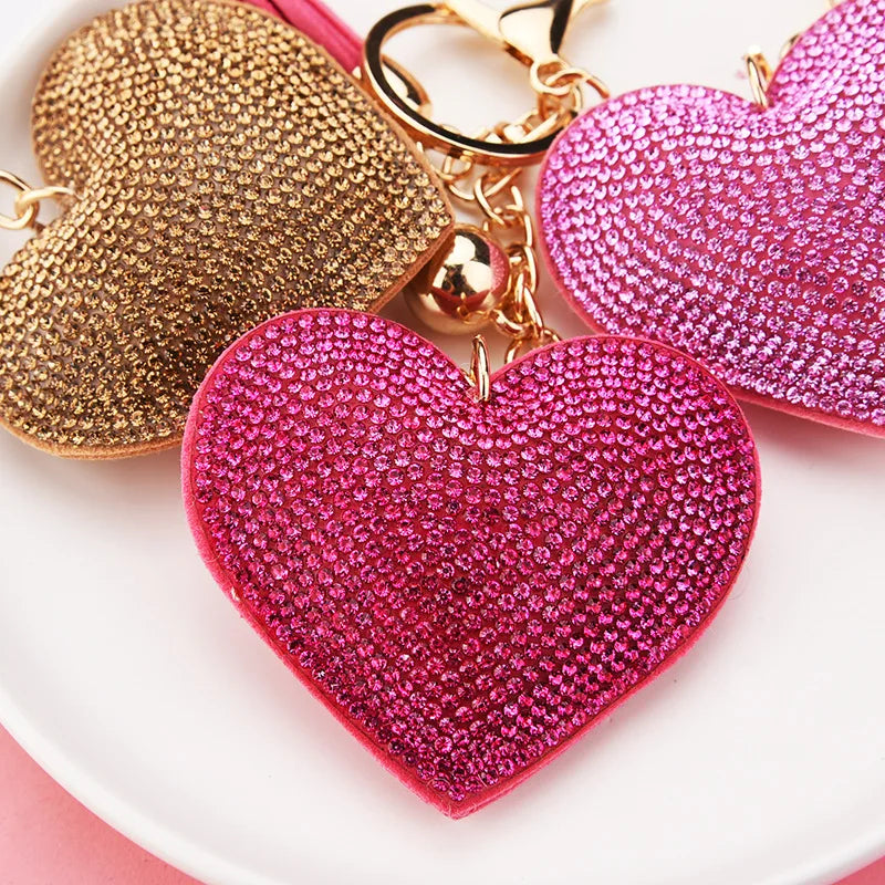 Women Fashionable Diamond Crystal Rhinestone Heart Tassel Keychain Purse Pendant Keyring