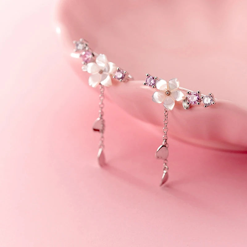 S925 Sterling Silver Fashion Sweet Shell Flower Shiny CZ Drop Earring for Women Wedding Party Birthday Present