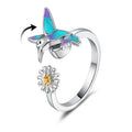 Silver Plated Colored Enamel Ring Hummingbird Rotating Daisy Rings Anxiety Stress Relef Fidget Spinner Ring Anillo