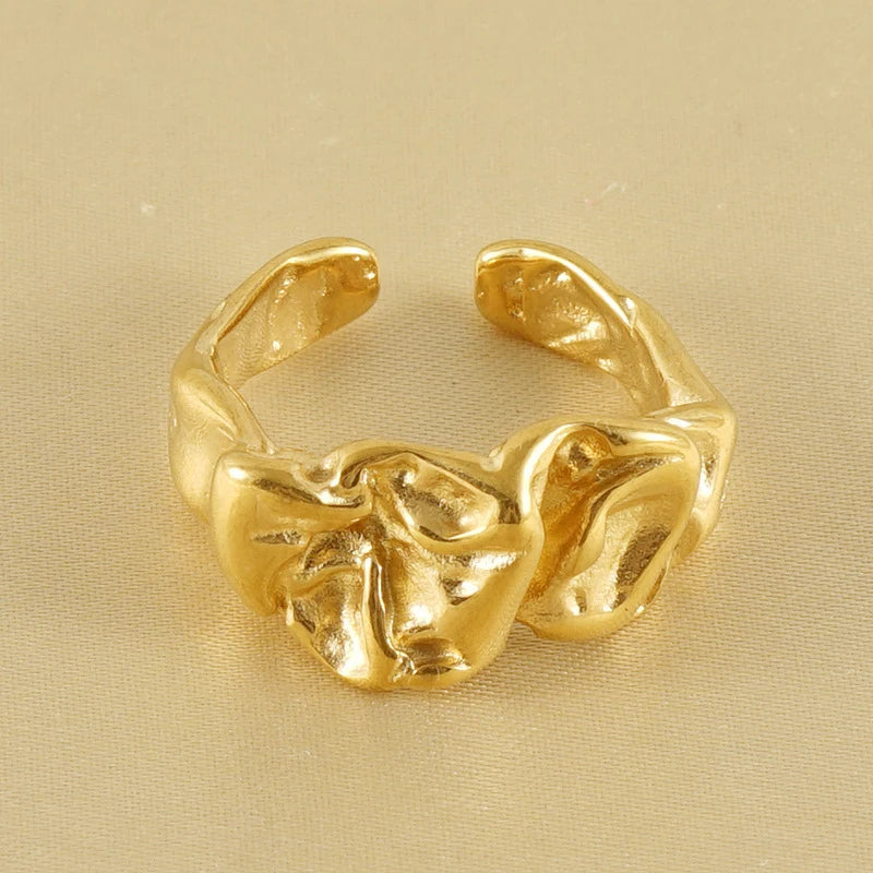 Wholesale Open Finger 316L Stainless Steel Ring 18K Gold Plated Irregular Geometric Pleated Lava Ring Wedding Gift Jewelry Use