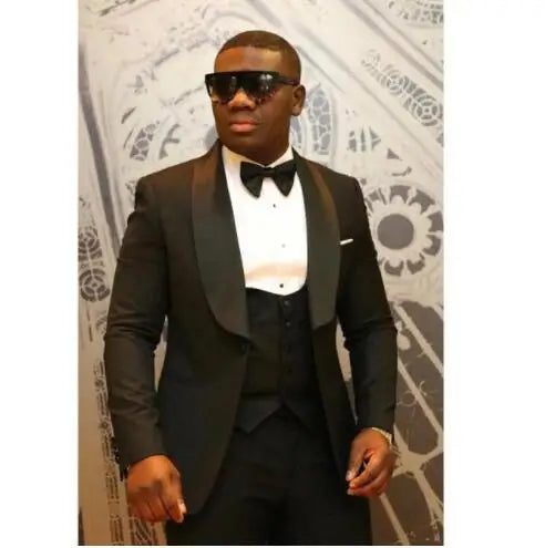 2025 Latest Men Suits Navy Blue and Black Groom Tuxedos Shawl Lapel Groomsmen Blazzer for Man ( Jacket+Pants+Bow Tie+Vest )