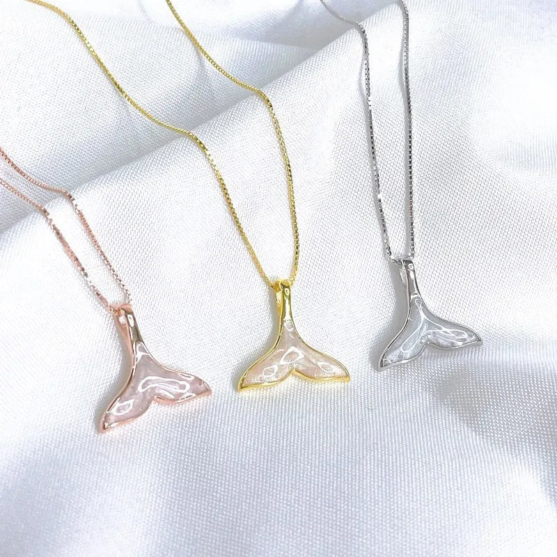 Three Colors 18K Real Gold Plated Shell Fish Tail Shape Pendant Necklace Sweet S925 Sterling Silver Mermaid Tail Necklace