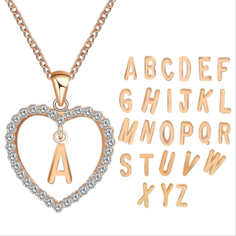 JT-03 Wholesale Jewelry Gold Chain Crystal Diamond Heart 26 English Letters Pendant Necklace
