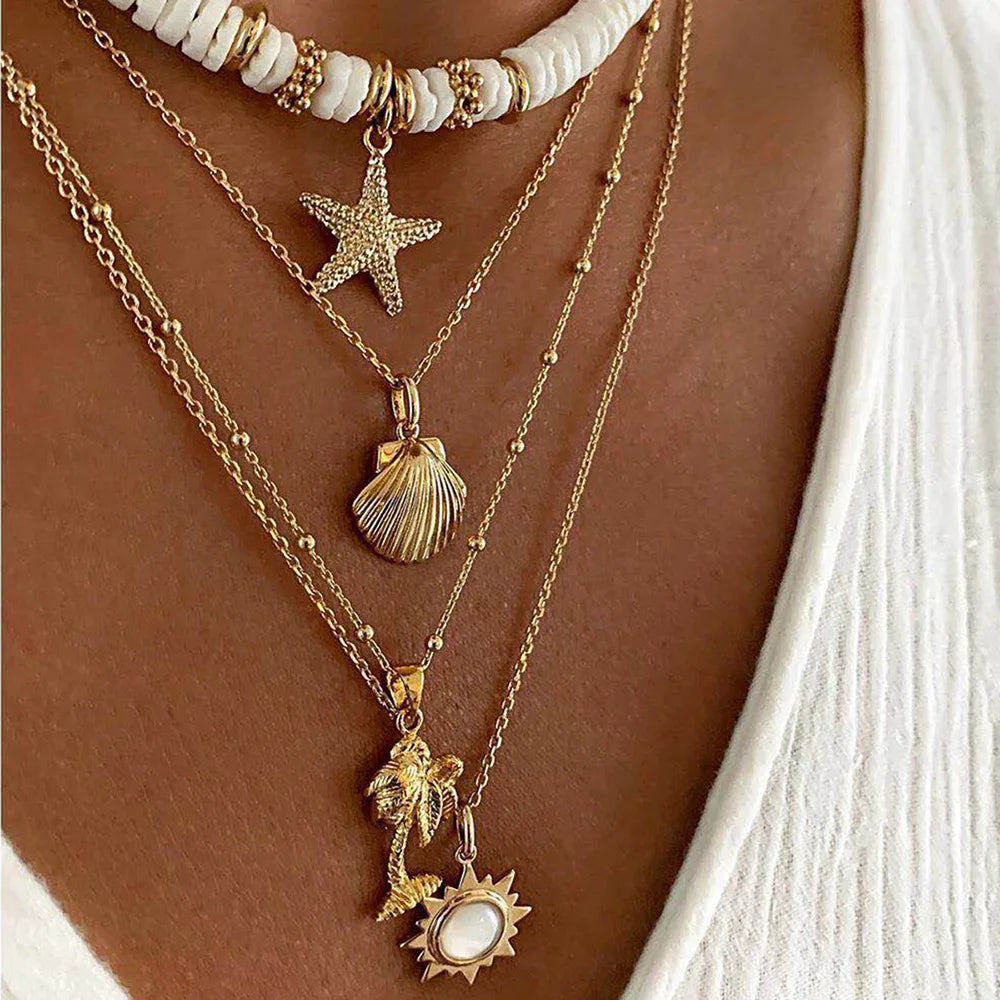 Fashion Soft Pottery Starfish Shell Pendant Necklace Retro Sun Multilayer Necklace Jewelry