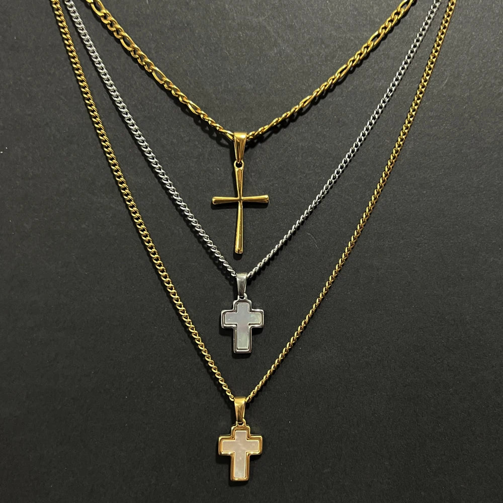 Dainty PVD 18k Gold Crucifix Necklace Christian Infinity Cross Pendant Layered Necklace Mother of Pearl Cross Necklace for Women