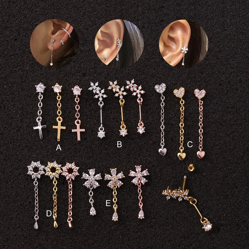 New Design Bling Zircon Flower Earrings Hanging Ear Drop Women Stainless Steel Jewelry Earrings for Cartilage