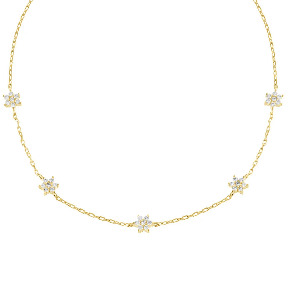 925 Sterling Silver Multi Flower Link Chain Necklace 14K Gold Plated Zirconia Flower Choker Necklace
