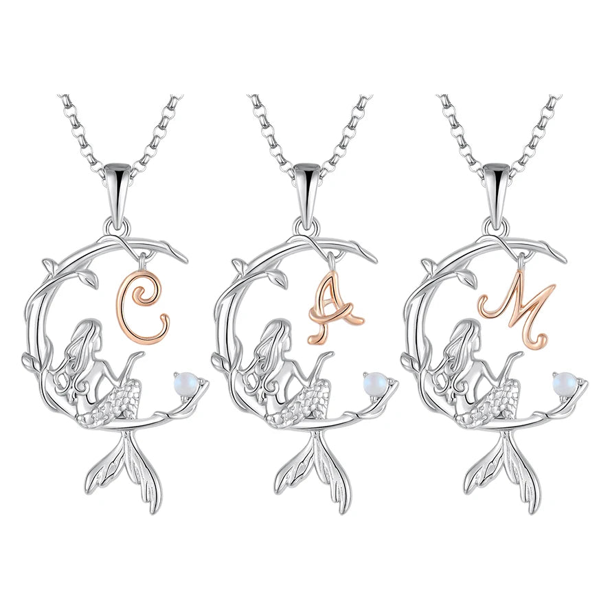 YULIN 925 Sterling Silver Mermaid Initial Letter A-Z Pendant Necklace for Women's Personalized Jewelry Gift Idea