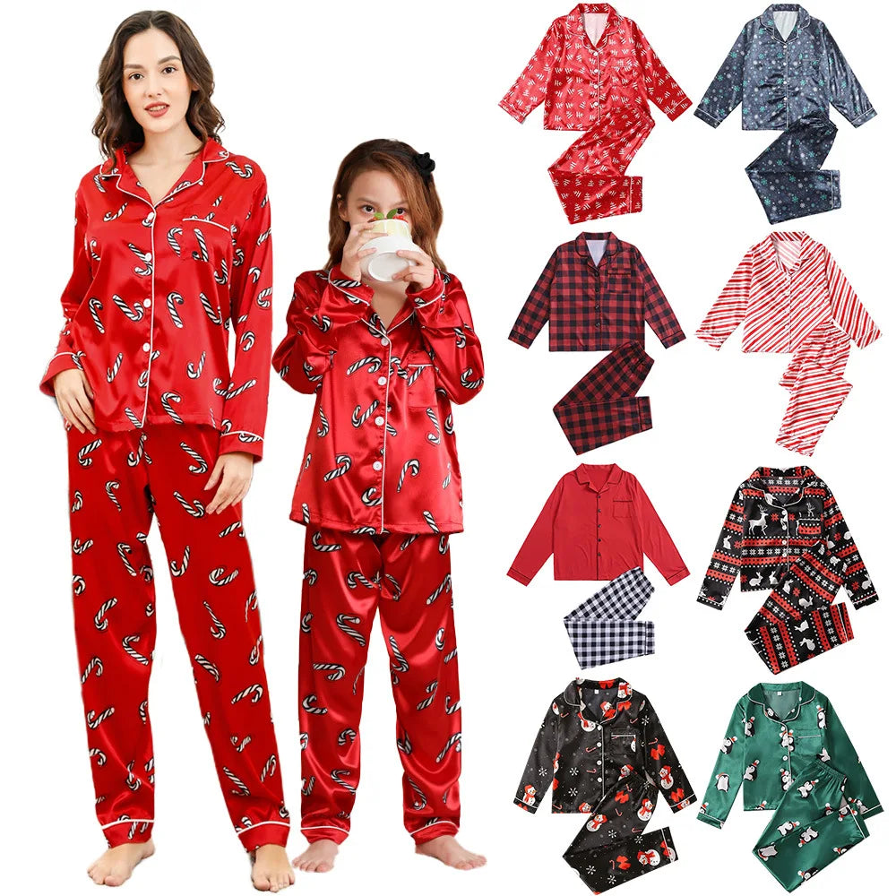 Wholesale Custom Printed Ladies Pyjamas Two-Piece Christmas Pajamas Family Red Satin Candy Pattern Printed Children's Pajamas MegaBDM
