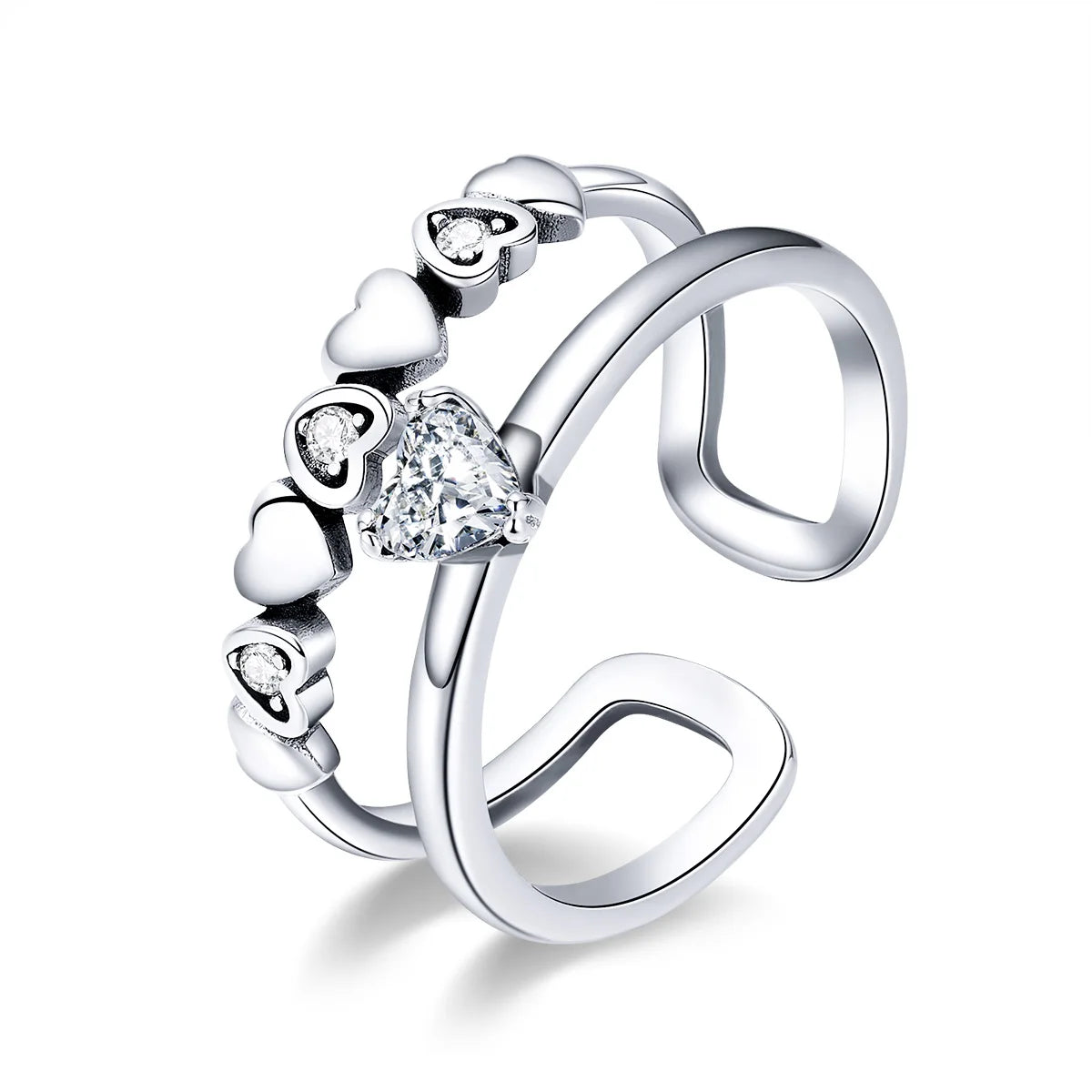 Interlocked Heart Promise Rings 925 Sterling Silver Adjustable Size 5-9 Cubic Zirconia Stackable Rings for Women SCR429