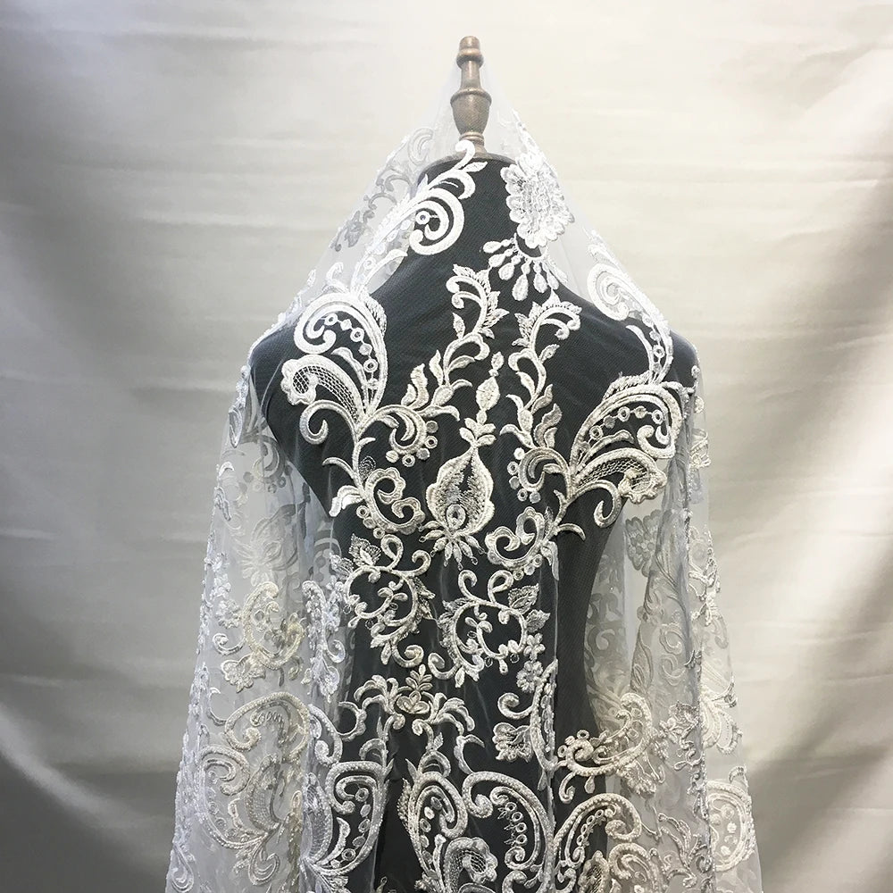 New Arrival Glitter Bridal Lace Fabric Crystal Embroidered Sequins French Net Lace Ivory Wedding Lace With Beads