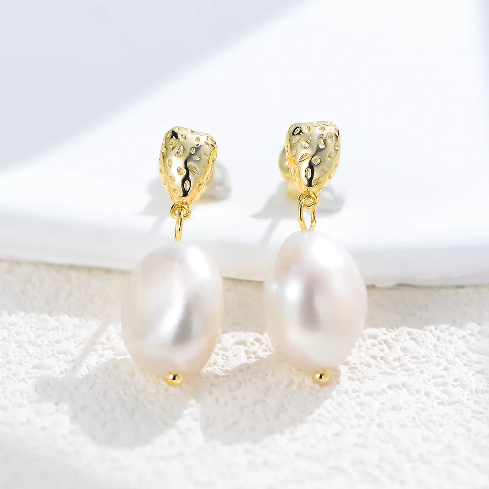 14K Gold Plated S925 Sterling Silver Baroque Natural Pearl Drop Earrings French Style Trendy Design for Women and Girls