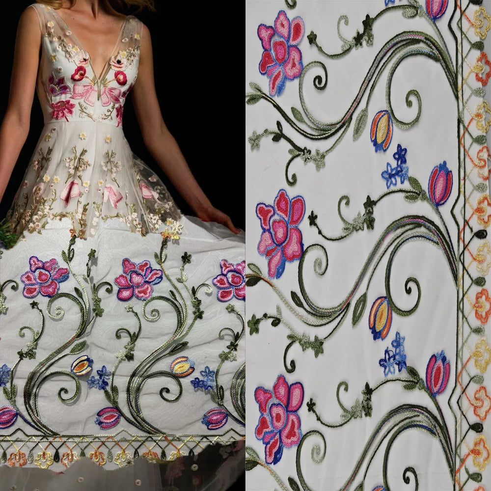 Glamorous Color 3D Flowers Design African Embroidery Fabric Polyester Nylon Tulle Lace Fabric for Women