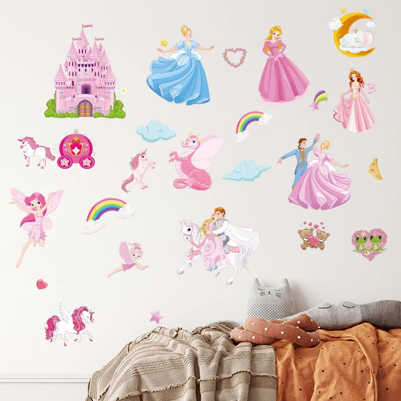 Prince and Princess Wall Sticker DIY Cartoon Wallpaper for Kids Living Room Decorative Decal Self Adhesive TV Background Mural