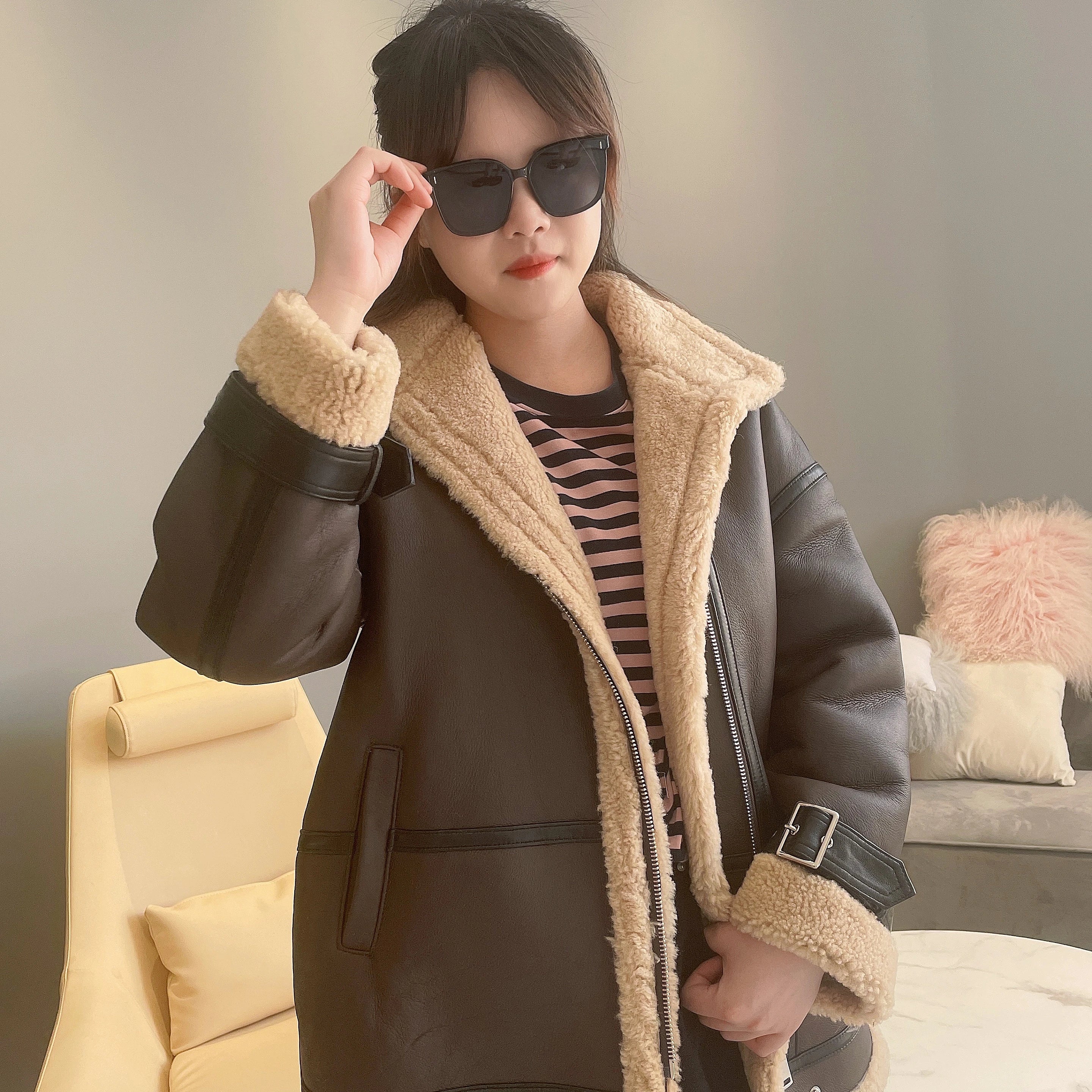 Janefur Fashion Casual Coat Turn Down Collar Zipper Fly Winter Jacket Sheepskin Leather Coat