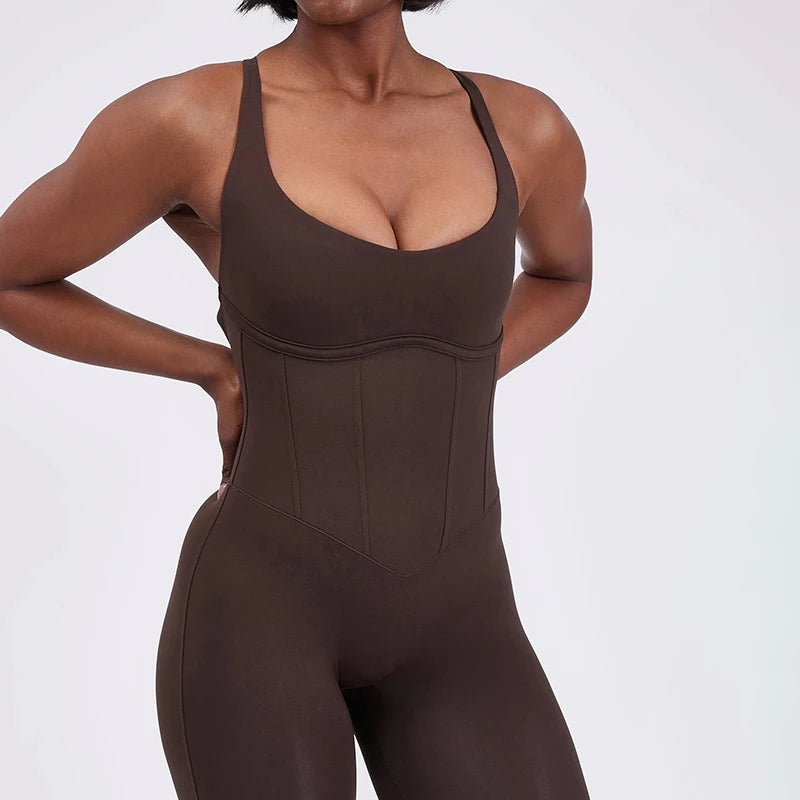 Corset Bodysuit Removable Pads Seam Lines Curves Deep V Back One Piece Tummy Control Adjustable Straps Training Yoga Bodysuit