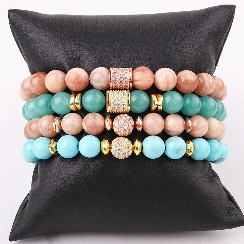 Handmade Elastic Women's Bracelet Natural Sunstone Turquoise Beads CZ Pave Charm Classic Ball Shape Custom Logo Anniversaries