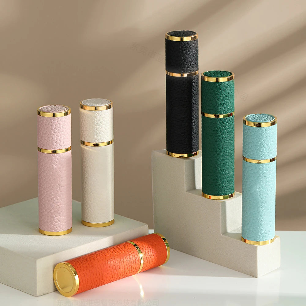 Luxury Leather & Aluminum Mini Travel Perfume Bottle 5ml 10ml Capacity Magnetic Suction Bottom Glass Liner Spray Perfume Bottle