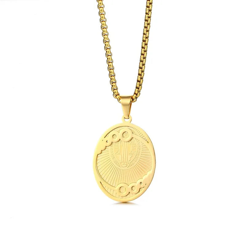 Men's Religious Stainless Steel Cross Medal Versatile Pattern St Benedict Pendant Necklace Fashionable Charms