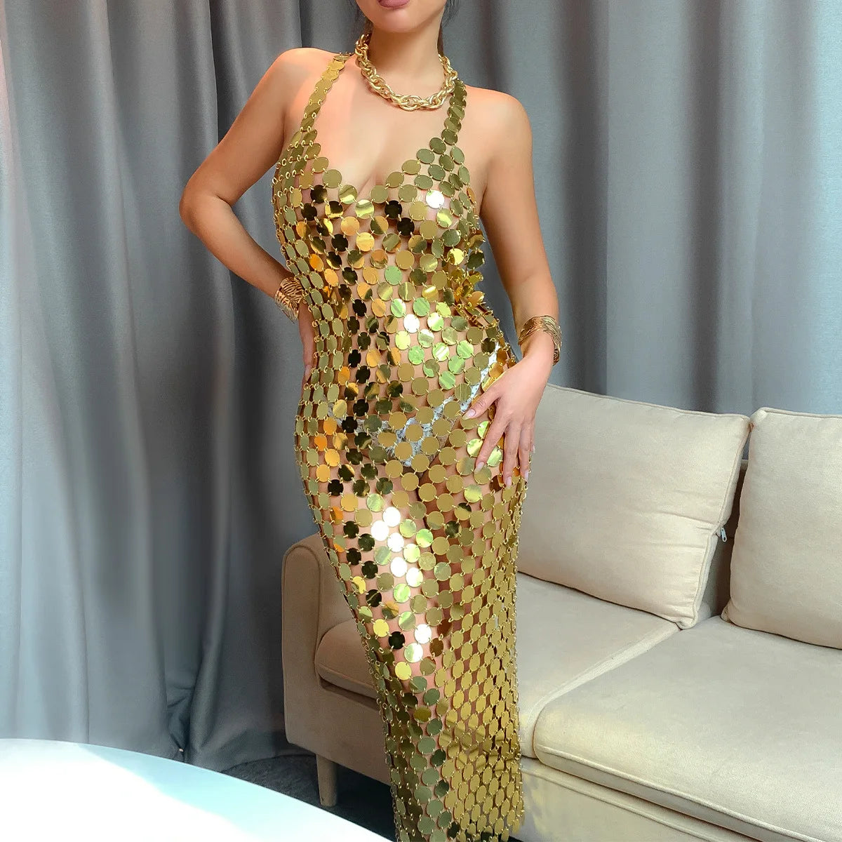XR-11 Wholesale Fashion Night Bar Handmade Backless Dress Body Jewelry Sexy Round Sequins Body Chain