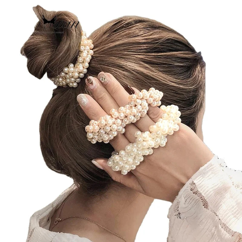 6 Colors Woman Elegant Pearl Hair Ties Beads Girls Scrunchies Rubber Bands Ponytail Holders Hair Accessories Elastic Hair Band
