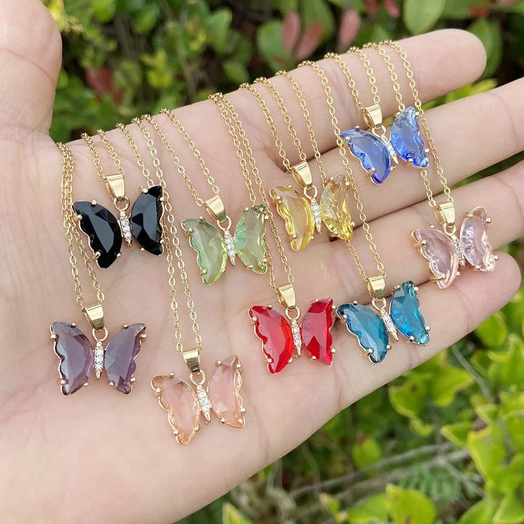 SC Hot Colorful Women Necklaces Fashion Gold Plated Stainless Steel Necklaces Elegant Glass Crystal Butterfly Pendant Necklaces