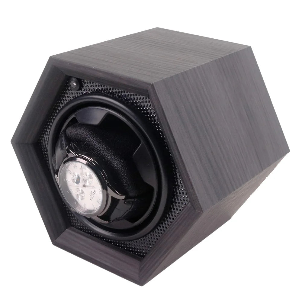 New Arrival Hexagonal Dark Gray Wooden Safe Watch Winder Active Mute Single Slot Automatic Watch Winder Box