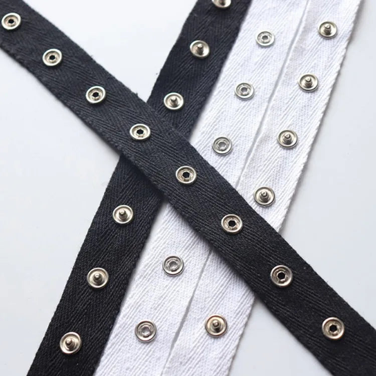 Black Cotton Metal Snap Button Tape With Prong Fastener Round Pattern Logo Decoration for Garment Use