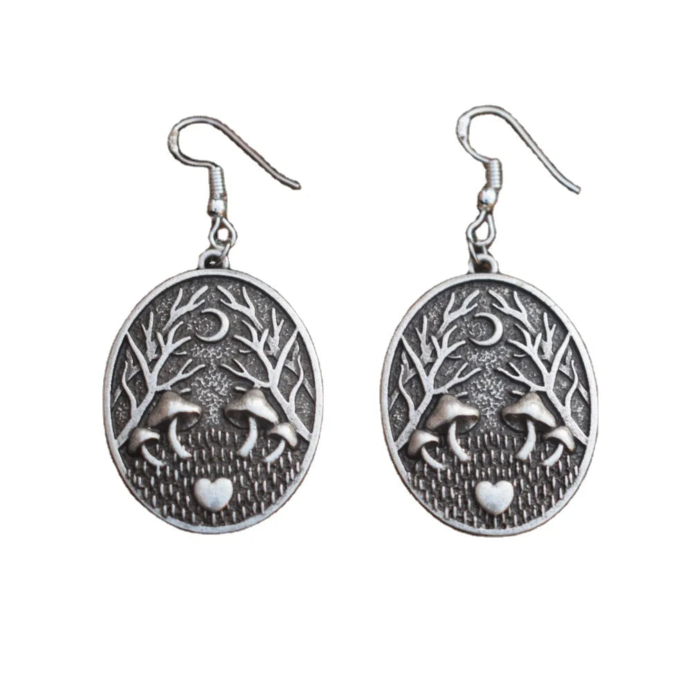 Vintage Mountain Pine Tree Moon Mushrom Earring