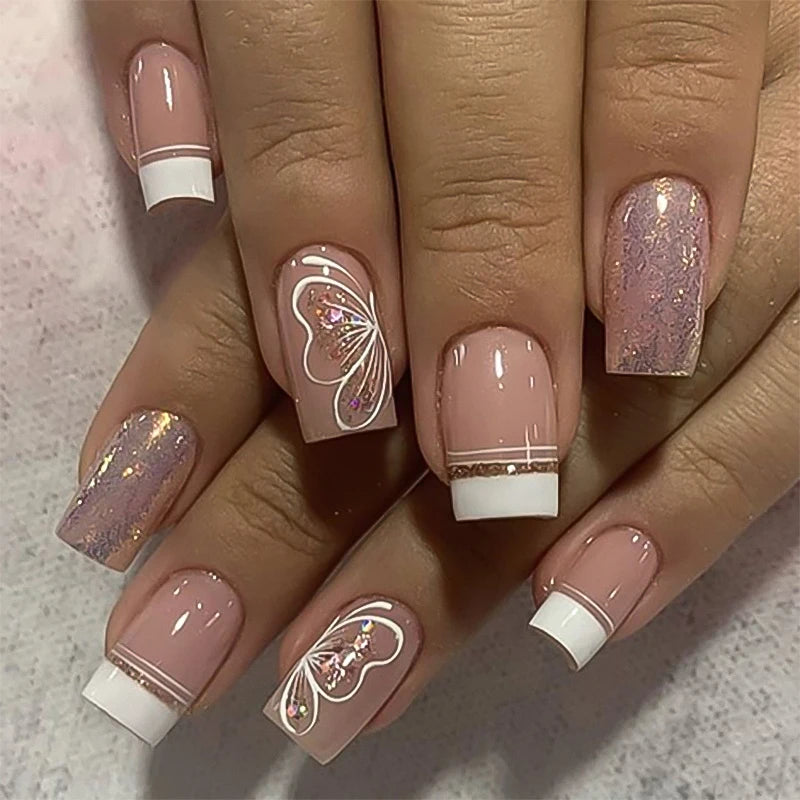 Dropshipping 24 Pcs 3767 Elegant French Manicure Heart and Glitter Accents Short Square Press on Nails Artificial Fingernails