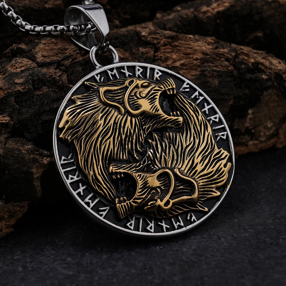 RTS Stainless Steel Viking Jewelry Wolf Geri Freki Animal Pendants Necklace Fashion Viking Futhark Runes Charm Pendant Men