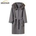 QIUCHEN QC19055 Plus Size Women's Breathable Casual Cashmere Lining Real Fox Fur Collar Belt Closure Winter Long Coat with Hood