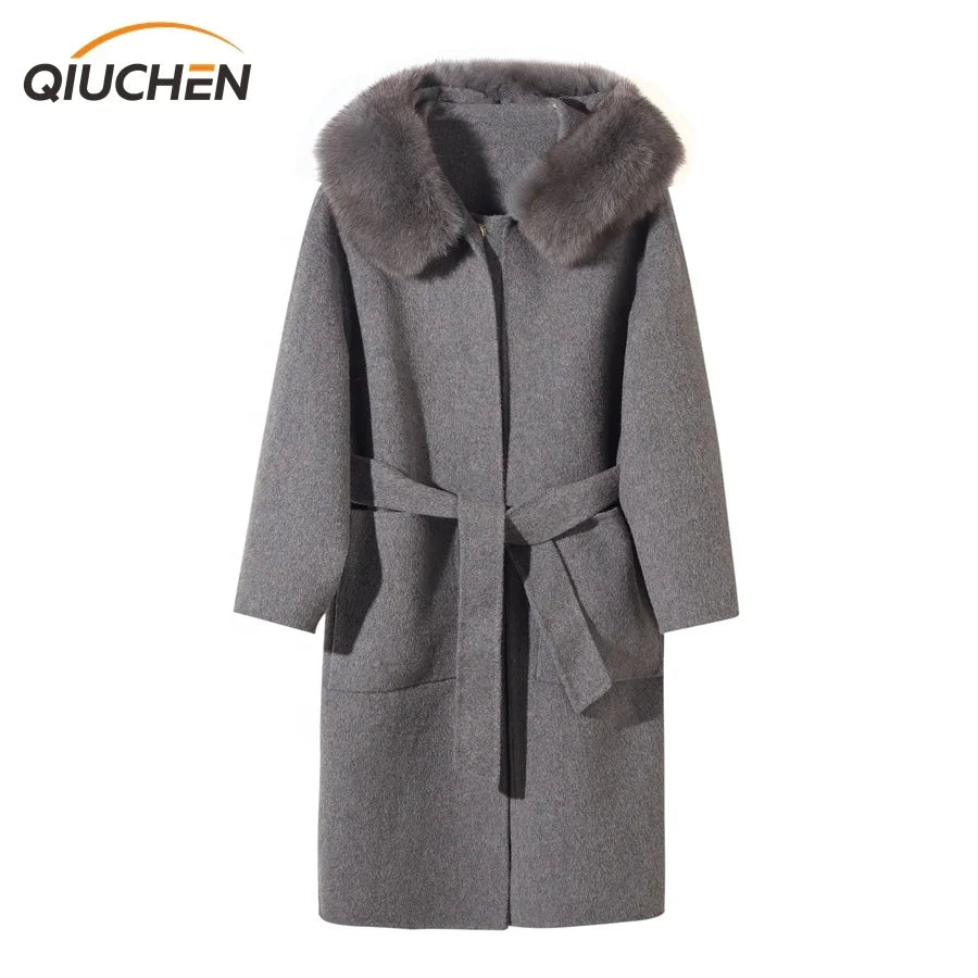 QIUCHEN QC19055 Plus Size Women's Breathable Casual Cashmere Lining Real Fox Fur Collar Belt Closure Winter Long Coat with Hood