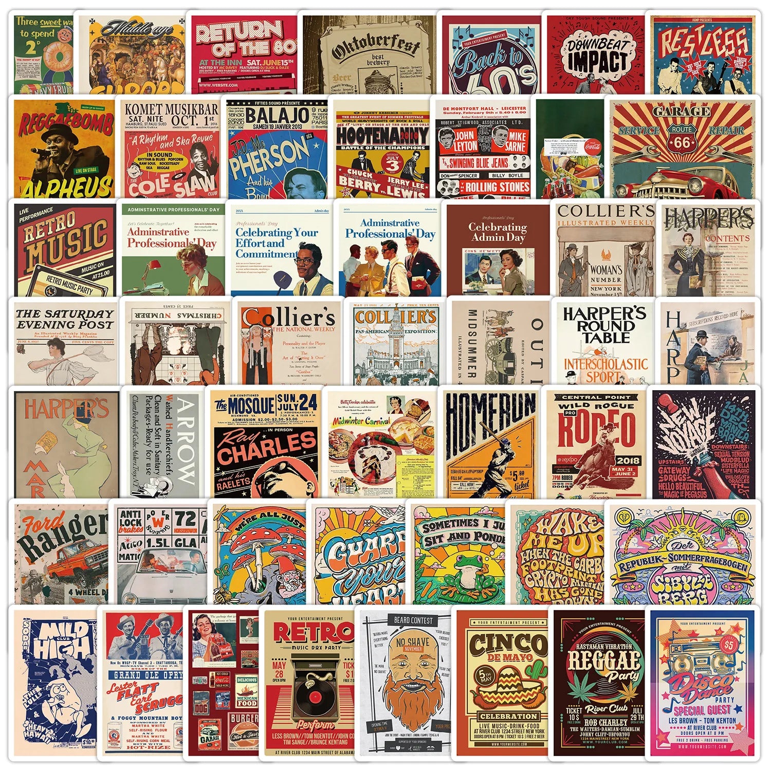 50PCS USA Style Retro Music Rock Band Poster Magazine Cover Vintage Hippie Sticker
