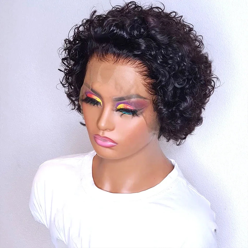 Popular Sale Pixel Cut Human Hair Wig bob 13x1 Lace Frontal 150 Density Bouncy Curly Human Style Wig for Black Women
