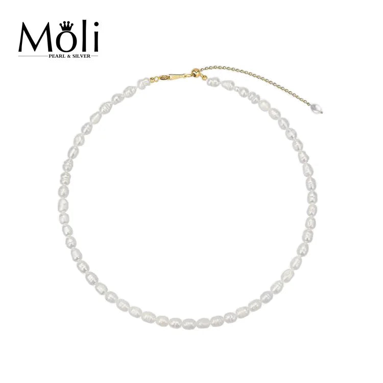 Hot Sale Universal Gold 925 Sterling Silver Letter Shape Cute Small Size 6-7mm Natural Rice Pearl Beaded Choker Necklace Gift