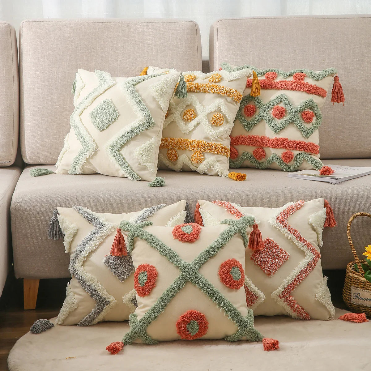 Moroccan Innermor Tassel Rainbow Cushion Cover 45X45Cm/30X50Cm Bohemian Tufted Pillowcase for Living Room Sofa Home Decoration