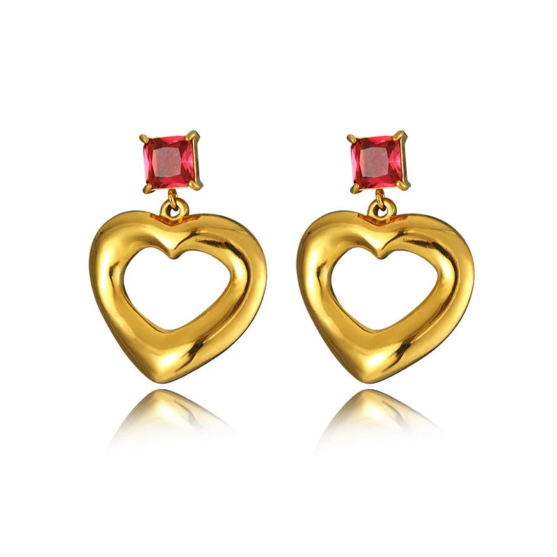 New Statement Heart-Shaped Earrings 18 k Gold Plated Titanium Steel Color Zircon Earrings Women Fashion Stainless Steel Jewelry
