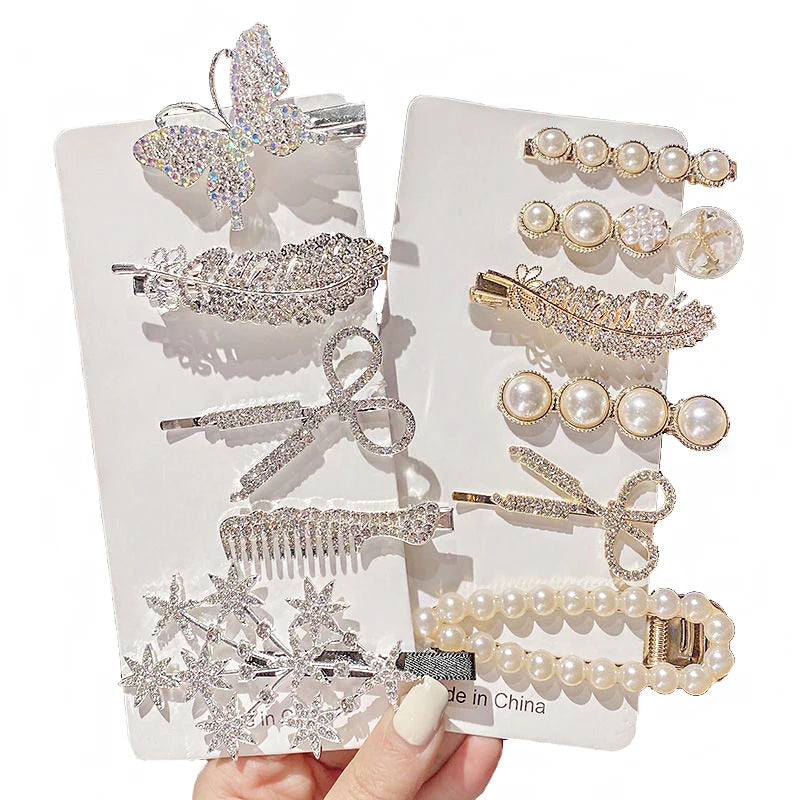 Women's Fashion Alloy Hair Grips with Crystal Rhinestone and Pearl Hairpins Sweet Style Hair Clips for Girls