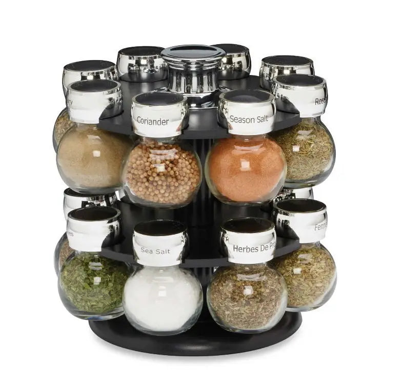 Kitchen Seasoning Rack Organizer With 16 Glass Jar Bottles Spinning Herb Spice Rotary Rack Organizer