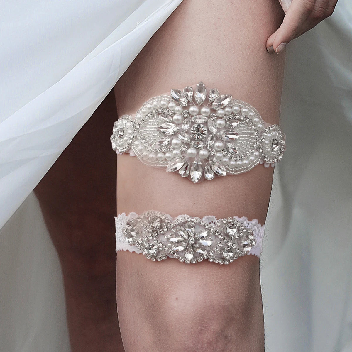 Miallo 2pcs/set  Mesh White Lace Leg Chain Band Rhinestone Pearl Ladies Thigh Ring Strap Wedding Elastic Leg Ring