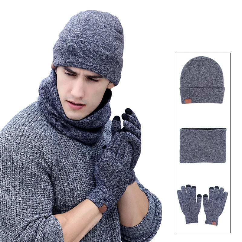 Custom Outdoor Warm Man Acrylic Knitted Winter Beanie Hat Scarf Gloves Set