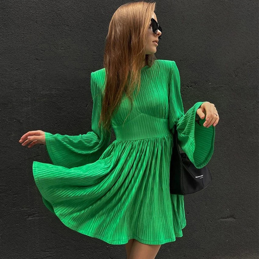 Enyami Urban Wear Spring Autumn Stylish Green Pleated Dress Elegant Flare Sleeve O-neck Plisse Mini Shirt Dress