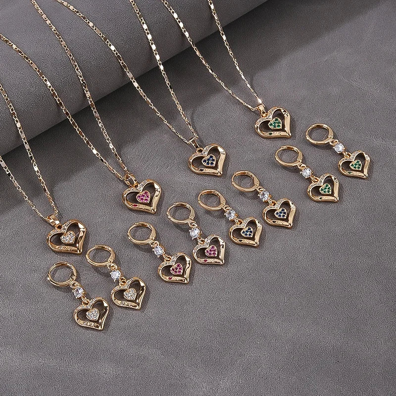 High Quality Women Heart Shaped Earrings Wedding 18K Solid Gold Cubic Zirconia Jewelry Sets Necklace and Earring Set