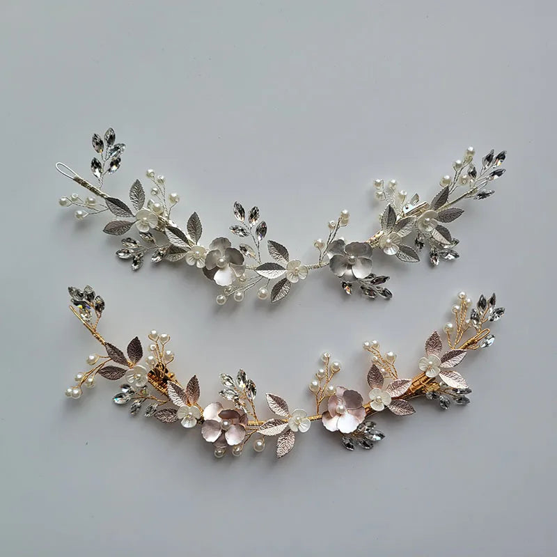 SLBRIDAL Handmade Rhinestones Crystal Pearls Ceram Flower Leaf Bridal Hair Clip Barrettes Wedding Hair Accessories Women Jewelry