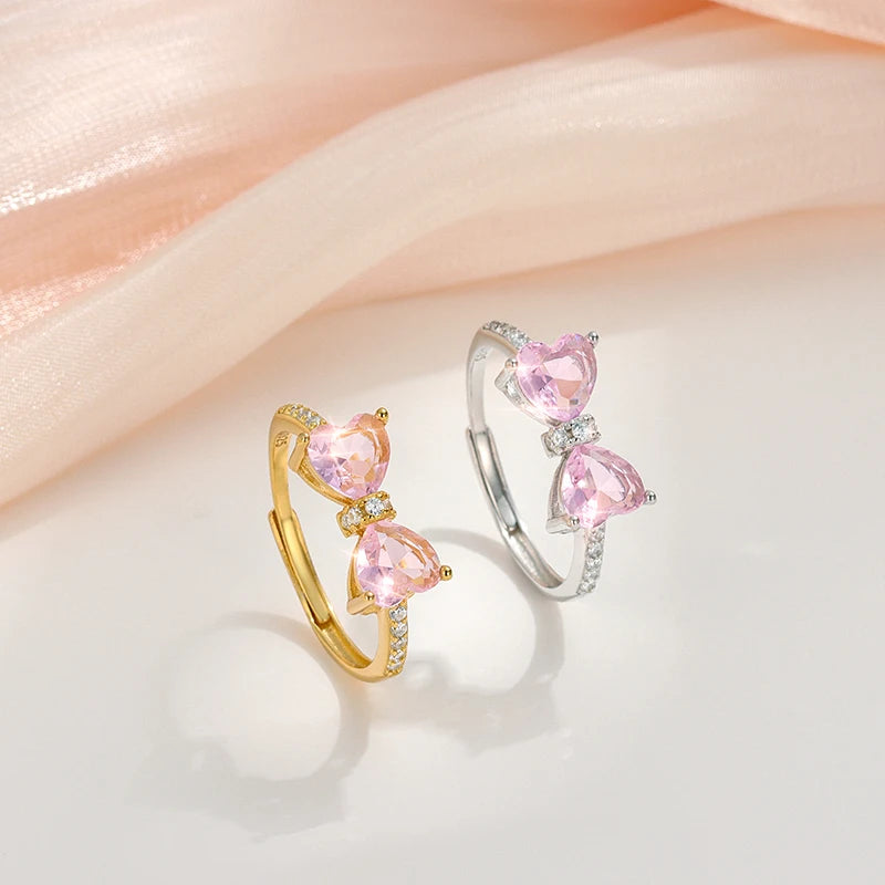 Wholesale 925 Sterling Rings Heart Pink CZ Diamond Heart Shaped Resizable Ring for Women