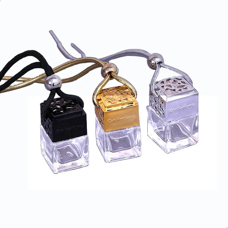 Square Shape Glass Wooden Cap Car Perfume Bottles Pendant 8ml Perfume Empty Hanging Car Diffuser Bottle