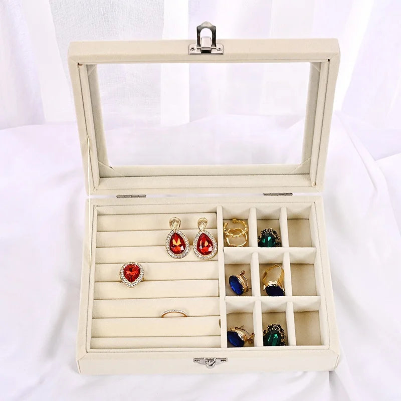 Luxury Velvet Jewelry Packaging Ring Earring Necklace Bracelet Chain Storage Box With Glass Window