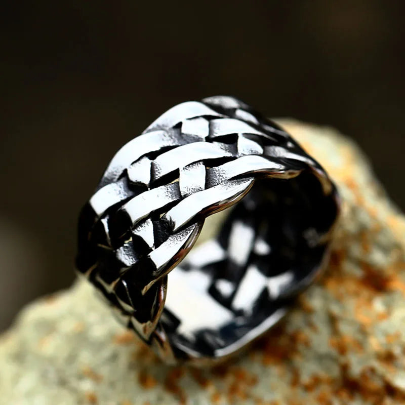 SS8-922R Steel Soldier Hollowed Out Mens Weave Ring Vintage Wide Finger Rings Braided for Men