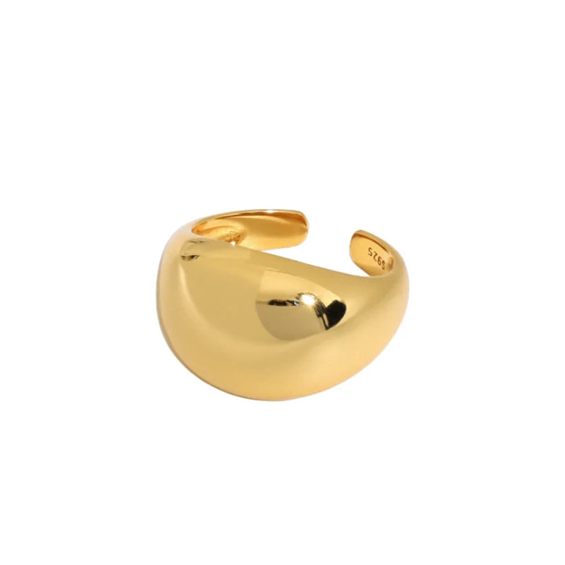 Minimalist 18K Gold Plated Geometric Arc-Shaped S925 Sterling Silver Ring Smooth Wide Finger Rings for Women